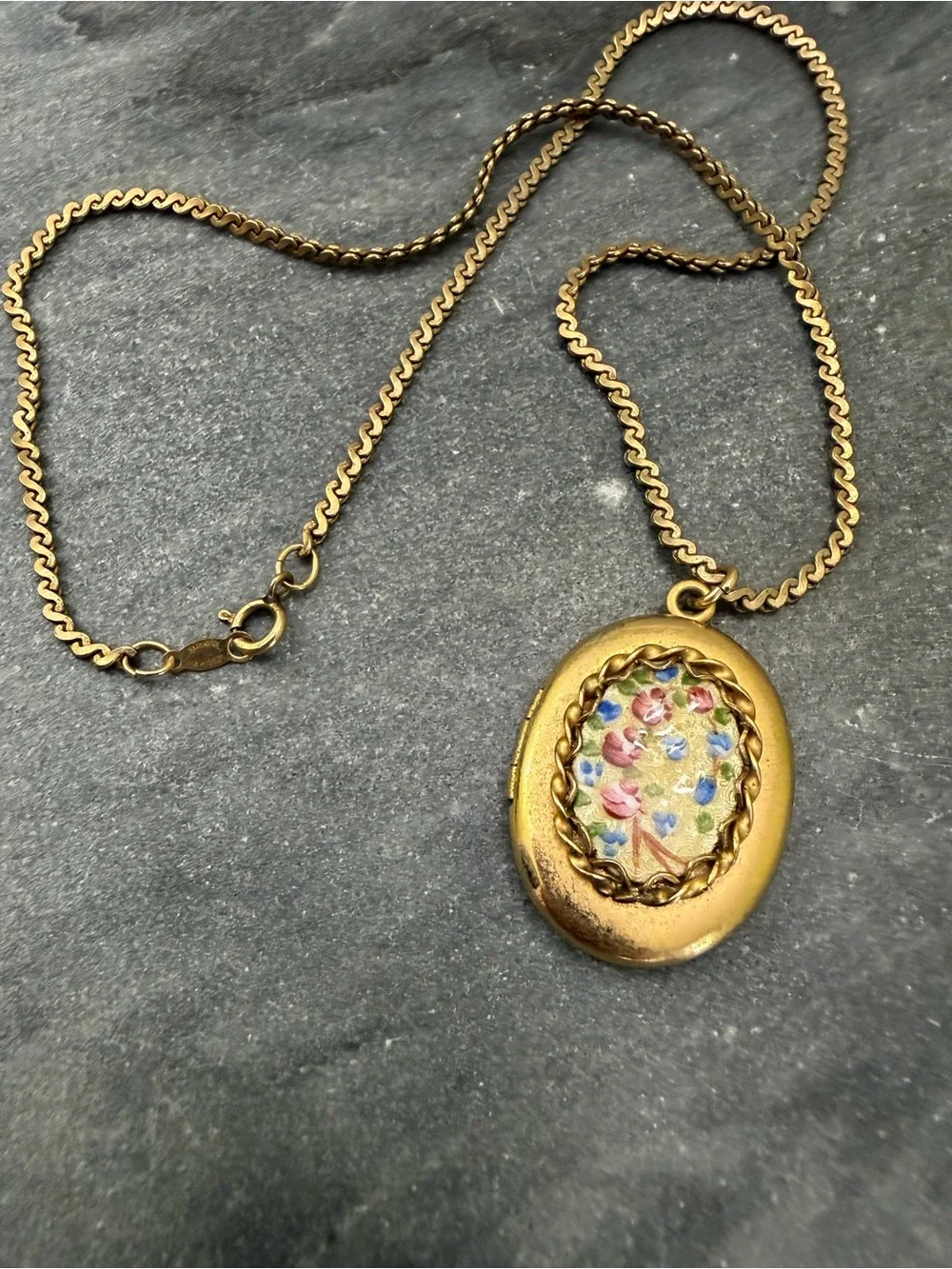Vintage 14 Karat Gold Filled Floral Guilloche Enamel Locket Necklace